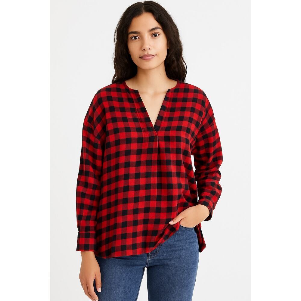 Madewell Red Black Buffalo Check Plaid Popover Top Size Small
